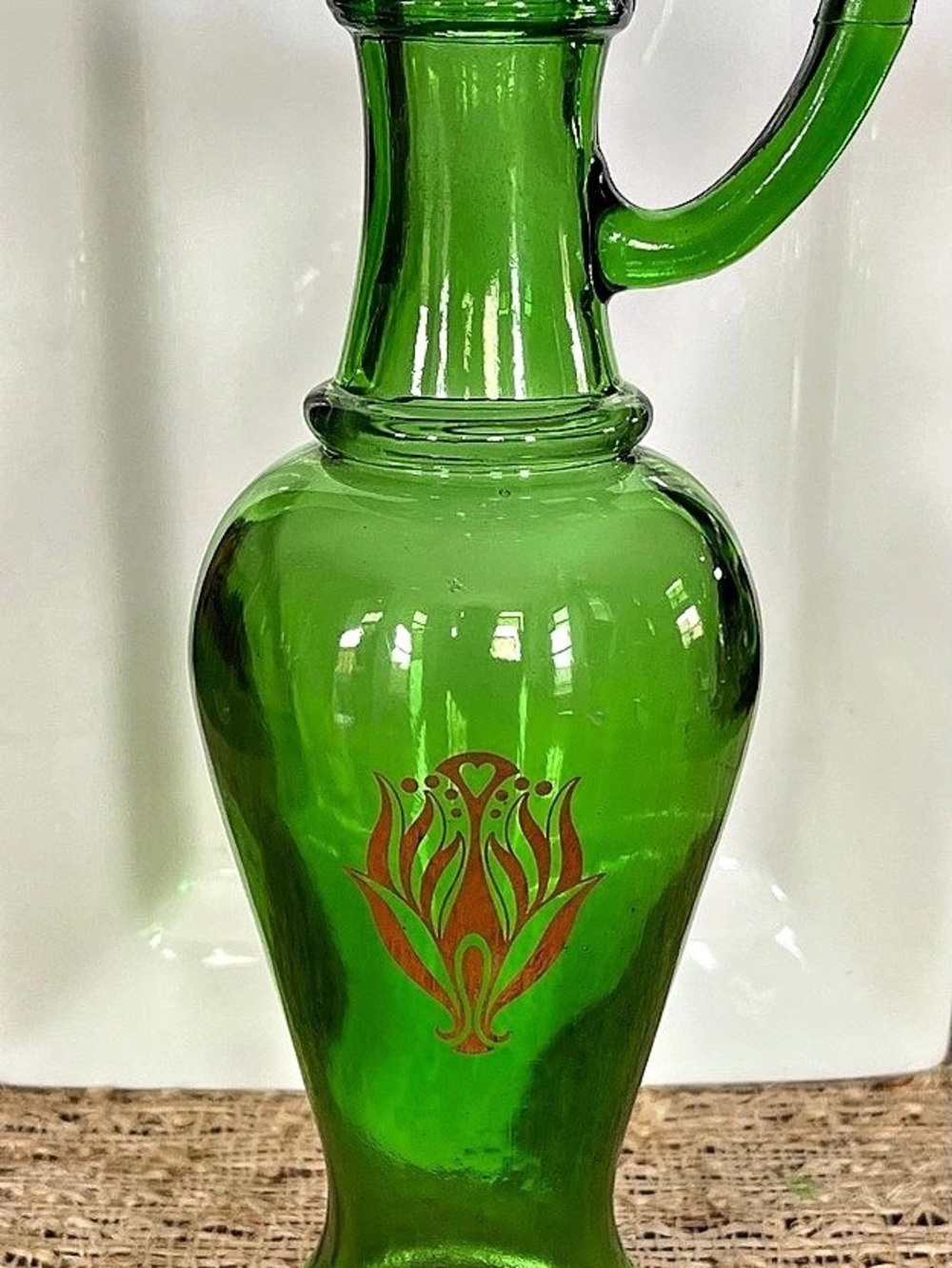Vintage Avon Green & Gold Glass Pitcher Vase
